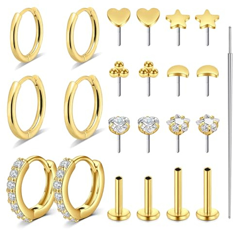 AVYRING Orecchini a cerchio piatto in acciaio inox e spina da donna, 20 g, senza fili, cartilagine, conch, helix, trago, gioielli con CZ, stella, luna, cuore, sfera, Acciaio inossidabile