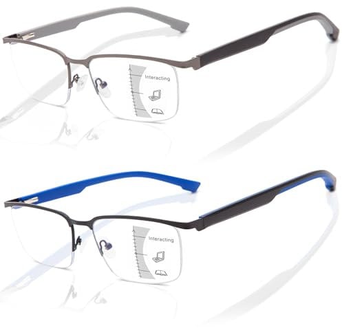 Amorays 2 Pack Gleitsichtbrille Progressive Multifokus Lesebrille Herren，Halbrahmen Metall Anti-Blaulicht Lesebrillen für klare Sicht bei Nah- und Mittel- Komfortabel 8005(Schwarz&Blau，+1.50)