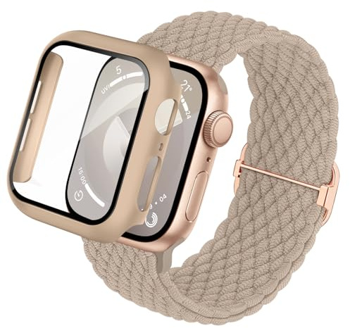Raradev 3-in-1 Braided Strap & Case Set for Apple Watch 40mm Black | Stretchy braided strap + case + 9H tempered glass protector. Compatible with 38-49mm & SE1-3/Series 1-11