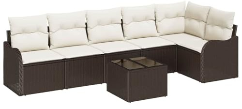 vidaXL Modernes Rattan-Sofaset für draußen mit Kissen in Braun und Creme, aus Poly-Material, modulares Design, verstellbare Füße, wetterfest, Tisch dabei, perfekt für Garten- und Terrassenmöbel