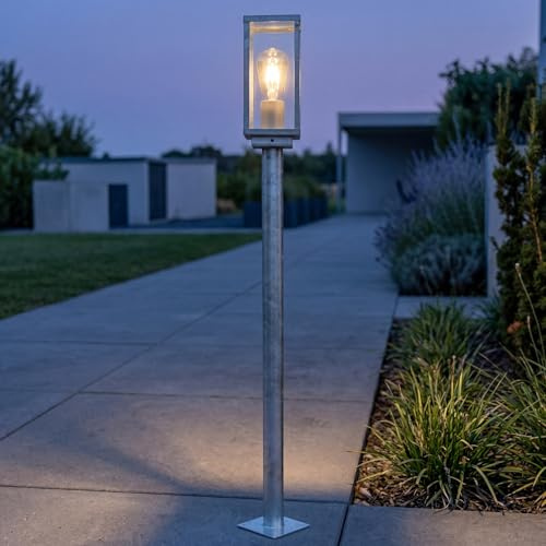 Licht-Erlebnisse Sockelleuchte mit Dämmerungssensor Vintage verzinkt Aluminium E27 IP44 H:100 cm Wegeleuchte Garten Sockellampe Außen Außenlampe automatisch
