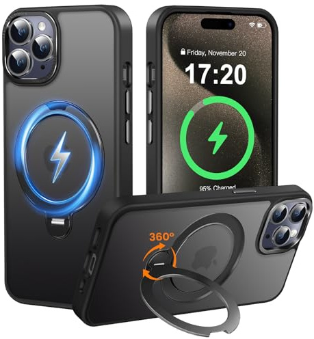 PuyaTeya für iPhone 15 Pro Hülle mit 360° Magnet ständer, Matt Schwarz | Militärischer Schutz, Anti-Rutsch/Kratzfeste, unterstützt Quer-und Hochformat HandyHülle Für iPhone 15 Pro