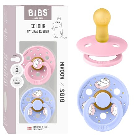 Moomin x BIBS Colour Dummy, 6-18 Months, 2-Pack, Round Teat, Baby Pink/Hush | Round Natural Rubber Teat | Size 2 | BPA-Free | Made in Denmark | High Teat Acceptance | Airflow Holes | Comfort Shield