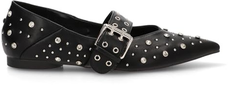 Etika Zapatos Planos de Punta Fina para Mujer, Bailarina Estilo Mary Jane con Tiras de Strass Brillantes y Cierre de Hebilla, Modelo 63316 Negro - 39
