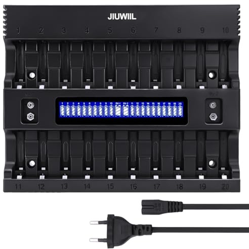 JIUWIIL 20+2 emplacements Chargeur de Piles AA AAA avec écran LCD | AA AAA chargeur de piles Chargeur pour piles AA/AAA Piles rechargeables et piles 9V