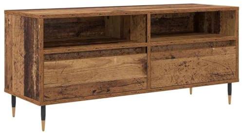 Foknhdi TV Lowboard 100x34,5x44,5 cm Altholz mit Eisenbeinen, Fernsehschrank mit Schublade & Regal, Verbundholz, für Wohnzimmer Schlafzimmer Büro