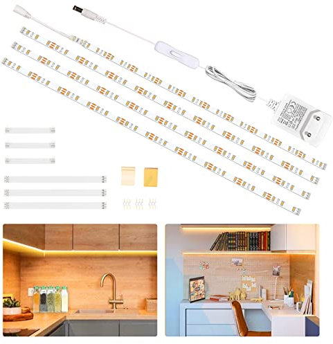 wobsion LED Unterbauleuchte 2M Warmweiß,4×50CM Led Lichtleiste Küche mit Schalter,Led Leiste Warmweiss,LED Küche unter Schrankbeleuchtung,für Regale,Vitrinen,küchenlicht 12V Adapter 1100 LM 2700K