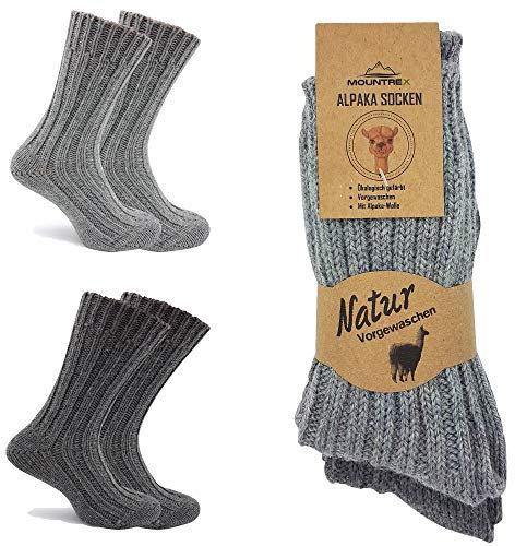 MOUNTREX Alpaka Socken, Wollsocken für Damen, Herren - Stricksocken - 2 Paar, Grau/Dunkelgrau (Dick - wie gestrickt), 43-46