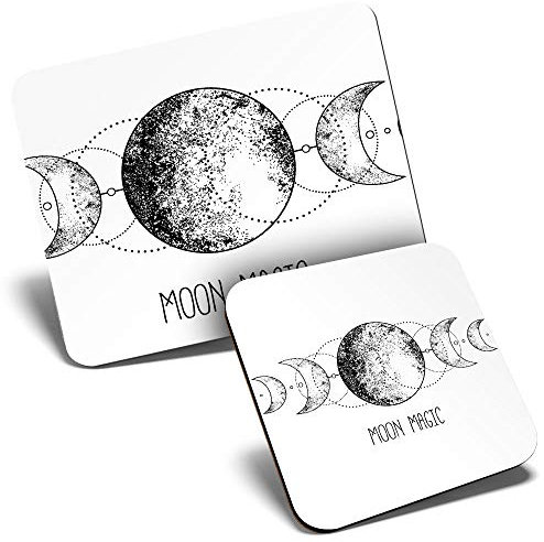 Mouse Mat & Coaster Set - Wicca Moon Magic Astrology Alchemy Boho 23.5 x 19.6 cm & 9 x 9 cm for Computer & Laptop, Office, Gift, Non-slip Base #46428