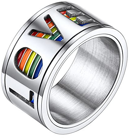 Richsteel Damen Herren Silberring mit bunten Herzen LGBT Bandring Regenbogen Fingerring mit Geschenkebox für Geburtstag Weihnachten Halloween