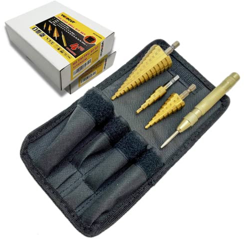 4-tlg Stufenbohrer Satz, Schälbohrer Kegelbohrer, Blechbohrer, Konusbohrer, Metallbohrer, HSS Titanbeschichtet Stufenbohrer für Heimwerker, 4-12mm/4-20mm/4-32mm mit Mittelstempel, Step Drill