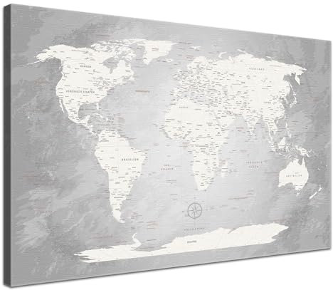 LANA KK - Premium Pinnwand Weltkarte - Champagner - Deutsch - in 100 x 70 cm, stabile Rückwand zum Pinnen inkl. Starterkit - Leinwand-Kunstdruck Wandbild Landkarte XXL