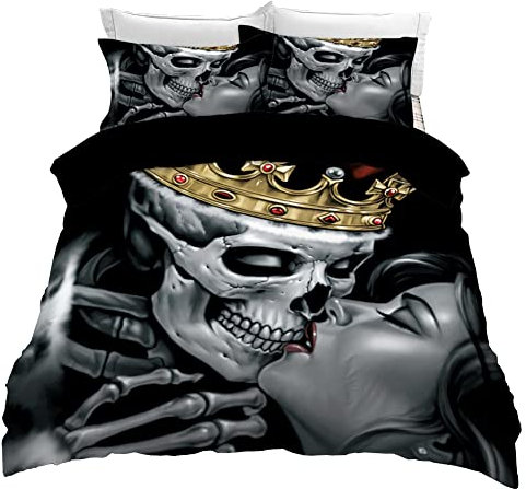 Tomifine Bettwäsche 155x220 cm Liebe Totenkopf Bettwäsche 3 teilig Mikrofaser Bettbezug Gothic Skull Motiv Bettwäsche Set mit Reißverschluss und 2 Kissenbezug 50x75 cm, Totenkopf k
