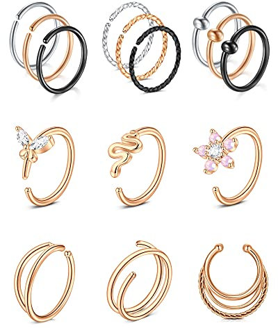 VF VFUN 18G 20G 16G Nose Hoop Rings Mixed Colors Nose Piercing for Women Men Nose Septum Rings Stainless Steel Spiral Opal Flower Nostril Piercing Nose Hoop Jewellery