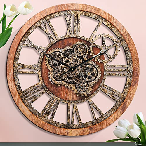 Große Wanduhr XXL Wanduhr Uhren für Wohnzimmer ndustrial Steampunk Real Moving Gears Wanduhr für Wohnzimmer, Küche, Bauernhaus, Büro, Bar (Braun, 24 INCH)