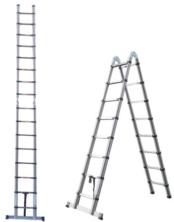 Teleskopleiter 5 m, 2,5 m + 2,5 m A-Rahmenleiter Edelstahl-Dachleitern ausziehbar, zum Fensterputzen, Malen, Dekorieren, 330 Pfund/150 kg Tragfähigkeit