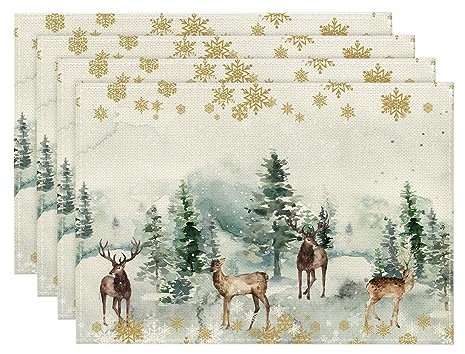 Artoid Mode Kiefern Elch Schneeflocken Weihnachten Platzsets 4er Set, 30x45cm Winter Urlaub Bankett Tischsets Platzdeckchen Küche Party Deko