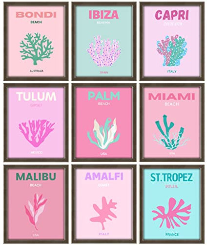 BAYKUL Preppy Room Decor, Preppy Poster Drucke für Schlafzimmer Dekoration, Set von 9 (20.3x25.4 cm), adretten Sachen, Ibiza Miami Strand Reise Poster (ungerahmt)