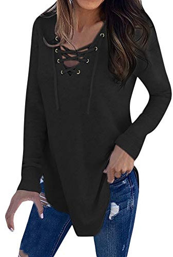 Lange Pullover Sweatshirt Damen V-Ausschnitt Langarmshirt Blusen mit Schnürung Frühjahr Sommer Frauen Shirts Elegant Slim Fit Hemd Oberteile XL