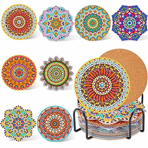 Lot de 8 sous-verres de peinture diamant pour boissons, kit d'art diamant pour adultes, enfants, débutants (mandala)