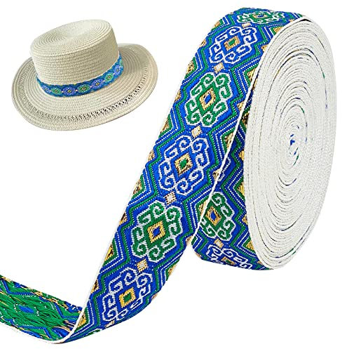 FINGERINSPIRE 7m 25mm Ethno Jacquardband Königsblau Jacquard Ribbon Trim Diamant Bestickt Sewing Trim Metallic Vintage Jacquard Band Gobelin Fransen für DIY Kleidung Zubehör Verzierung Dekorationen
