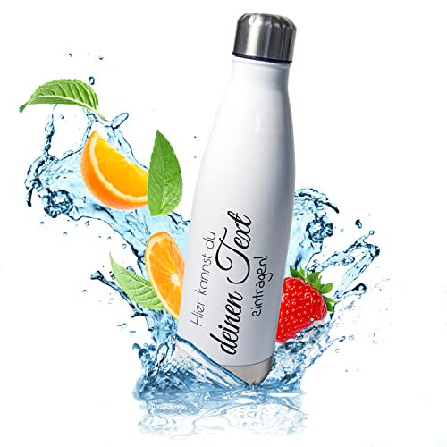 Edelstahl Trinkflasche personalisiert Dein Wunschtext 3zeilig – 500ml Thermoflasche Isolierflasche selbst gestalten | Geschenke für Frauen & Männer | Sport Büro Weihnachten Geburtstag Schule Uni