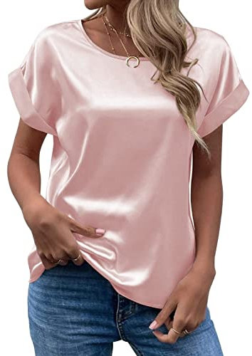 CGGMVCG Camicette estive da Donna in Raso di Seta a Maniche Corte Primaverili Casual alla Moda con Scollo Rotondo, Rosa, XL
