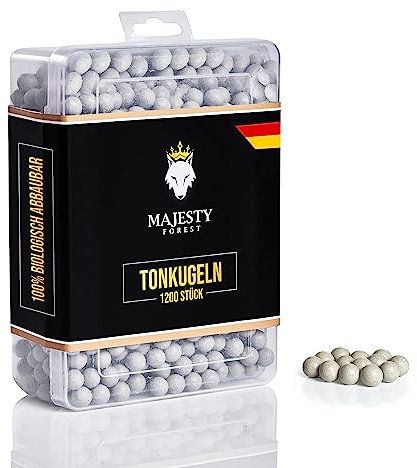 MAJESTY FOREST® Steinschleuder Munition in Aufbewahrungsbox - 500/1200 Stück - Biologisch abbaubare Tonkugeln in 9 mm als Schleudermunition für die Zwille (1200 Stück, Weiß)