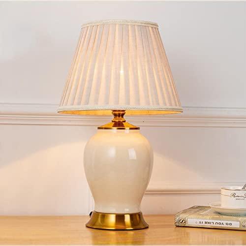 Mengjay Nachttischlampe Keramik Tischlampe,Schlafzimmer Tischleuchte,mit Stoff Schirm Keramik Lampenfuß ,E27 -Fassung(ohne Leuchtmittel),für Wohnzimmer Schlafzimmer Büro Hotel (White)