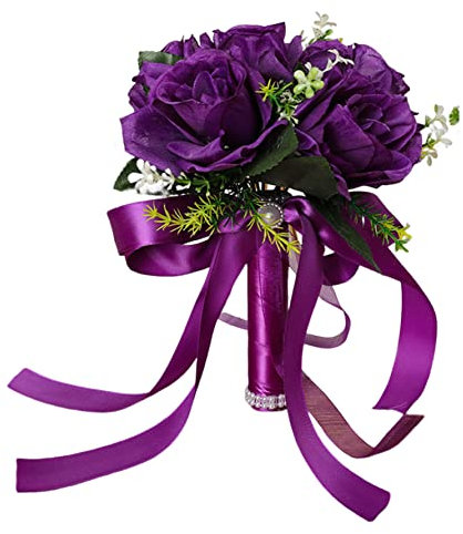 Bouquet De Mariée Bouquet De Mariage Bouquet De Mariée Tenant Des Bouquets De Fleur De Fleur De Rose Artificielle Avec Ruban Pour L'approvisionnement De Mariage Violet