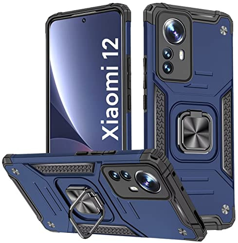 KANSi Hülle für Xiaomi 12 / Xiaomi 12X, Silikon TPU Hart PC Handy Hüllen 360 Grad Drehbar Ringhalter Bumper Stoßdämpfung Schutzhülle - Blau