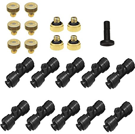 10 boquillas de nebulización de latón de 1/4 pulgadas, boquilla de sistema de niebla deslizante, 10 boquillas + 10 boquillas + 1 kit de goteo de riego para invernaderos y jardín