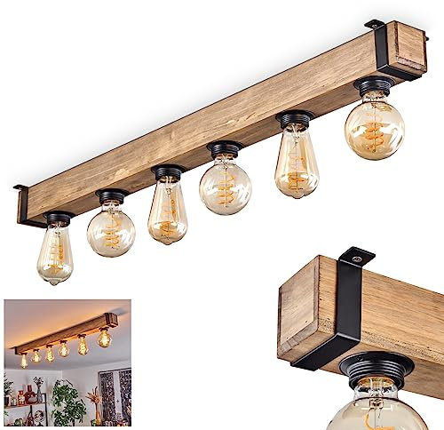 HOFSTEIN Deckenleuchte Montgomery - Moderne Deckenlampe aus Metall und Holz, Schwarz/Natur - 6 x E27-Fassung - Industrial-Style, Retro Vintage - Holzlampe, Flurlampe für Küche und Wohnzimmer