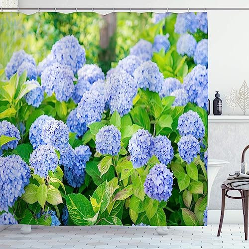 OCEUMACO Shower Curtain 3D Garden for Wet Room Extra Wide Outdoor Scene Hydrangea Flowers Picture Bathroom Curtains Anti Mould Proof Resistant 240 x 200 cm Waterproof with Hooks - Green Blue