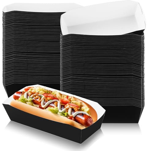 Yeaqee 100 Pcs 7'' Black Cardboard Modern Rectangular Hot Dog Trays Disposable Serving Trays for Carnivals, Parties, Dinner, Cookouts