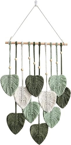 Makramee Wandbehang Wandteppich Boho Deko, Tapisserie Wanddeko Boho Handgemacht, Wandteppich Boho mit Holzperlen und Blätter, 40 × 80 cm für Wohnzimmer,Schlafzimmer, Hochzeit Dekor Geschenke (Grün)