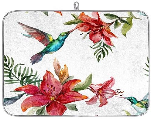 Lilies Flower Mikrofaser-Abtropfmatte für Küchentheke, 40,6 x 45,7 cm, Kolibri-Palme, saugfähig, Abtropfmatte, rutschfest, Küchenzubehör, Kaffeemaschine, Matten
