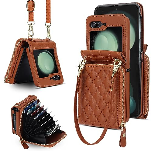 XIZYO Fermeture à Glissière Paquet de Cartes Flip PU Cuir Coque pour Samsung Galaxy Z Flip 5, avec Lanière Amovible et Réglable, Housse Filles Femmes Mignon Luxe avec Porte-Cartes, Brun