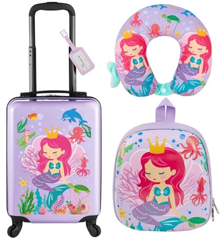Sanwuta 4-teiliges Kindergepäck-Set, Violett, 18 Inch, Meerjungfrauen-Stil
