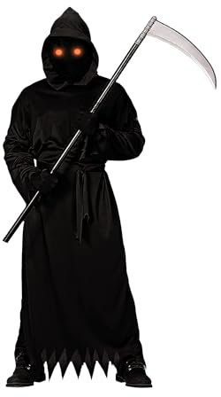 Déguisement Faucheuse pour Enfant | Comprend 1 Capuche Intégrale, 1 Robe, 1 Faux, Lunettes Lumineuses, Gants | Costume Halloween Agréable à Porter | Cosplay Film d'Horreur | OriginalCup®
