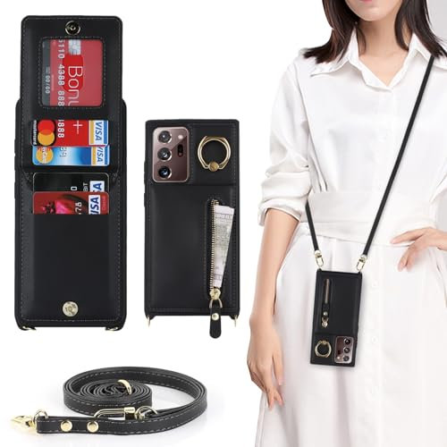 Zouzt for Samsung Galaxy Note 20 Ultra Case with Cord and Card Holde, Zipper Wallet Case with Crossbody Lanyard Ring Adjustable Necklace Cover Women for Samsung Galaxy Note 20 Ultra - Black