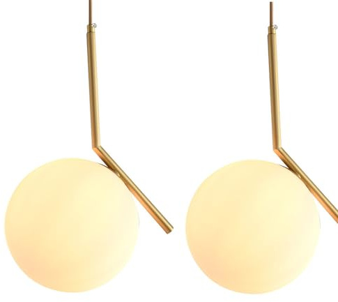 MODEBHD 2er-Pack moderne große Kugel-Pendelleuchte, 1-flammig, Mitte des Jahrhunderts, goldfarbenes, weißes Glas, runde Kronleuchter-Pendelleuchte, Hängeleuchte aus gebürstetem Messing, hängende Pende