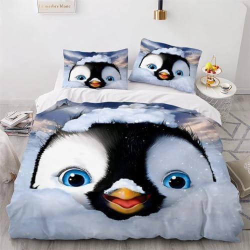 MEVASA Kinder-Bettwäsche-Set, Pinguin, 3-teilig, 135 x 200 cm, flauschige Mikrofaser, hypoallergen