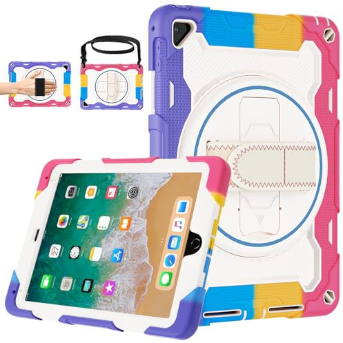 ROSROME Case for iPad 6th/ 5th Generation 9.7 Inch: Heavy Duty Rugged Cover for Air 2/ Pro 9.7 2017/2018 with Screen Protector & Pen Holder & Kickstand & Strap for kids, Pink