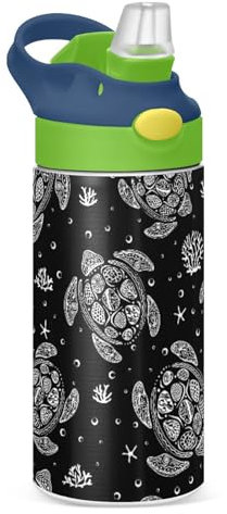 Turtle - Botella de agua para niños con pajilla, botella de acero inoxidable aislada para niños y niñas, para la escuela, 350 ml, a prueba de fugas, termo de agua fría y caliente