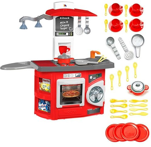 MOLTO Cocina de Juguete Molto Kitchen Electrónica Roja + Accesorios | Juguetes Educativos para Niños | A Partir de 2 Años (Roja con 33 Accesorios)