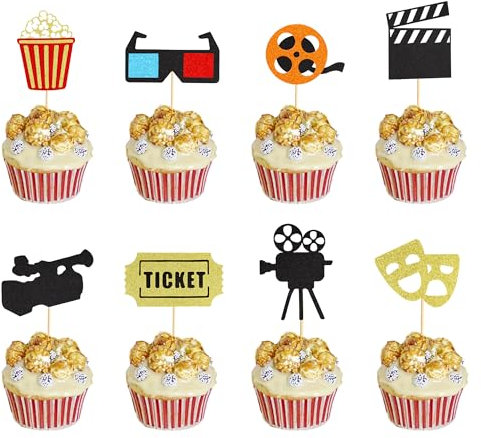 Arthsdite 24Pcs Movie Cupcake Toppers Movie Night Roll Camera Popcorn Cupcake Picks for Hollywood Theme Baby Shower Kids Birthday Party Cake Decorations Supplies