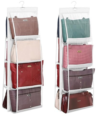 Winter Shore Handtaschen Aufbewahrung (2er-Pack) - Weißer Faltbarer Kleiderschrank Organizer Hängend für Handtaschen Aller Art - Mit 8 Durchsichtigen Kunststofffächern & Robustem Garderobenhaken