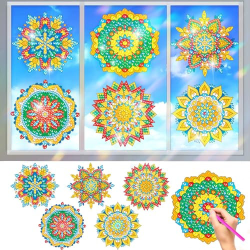 Diamond Painting Erwachsene, CAYUDEN 6pcs Mandala Diamond Malerei Aufkleber Kit DIY Buntglas-Fensteraufkleber Selbstklebend Suncatcher Sticker Fensterfolie Bling Strass Kunsthandwerk für Dekoration