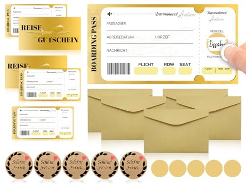 Lhbwhiz 5 Set Reisegutschein Flugticket mit Rubbelaufkleber, Selbstausfüllen Boarding Pass Karte mit Rubbelaufkleber, Kraftumschlag und Viel Glück Aufkleber, Gutschein Reise, Urlaub